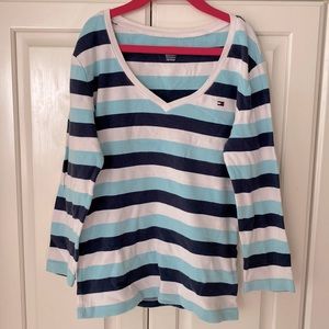 Tommy Hilfiger V-neck striped top shirt 100% cotton quarter sleeve women XS